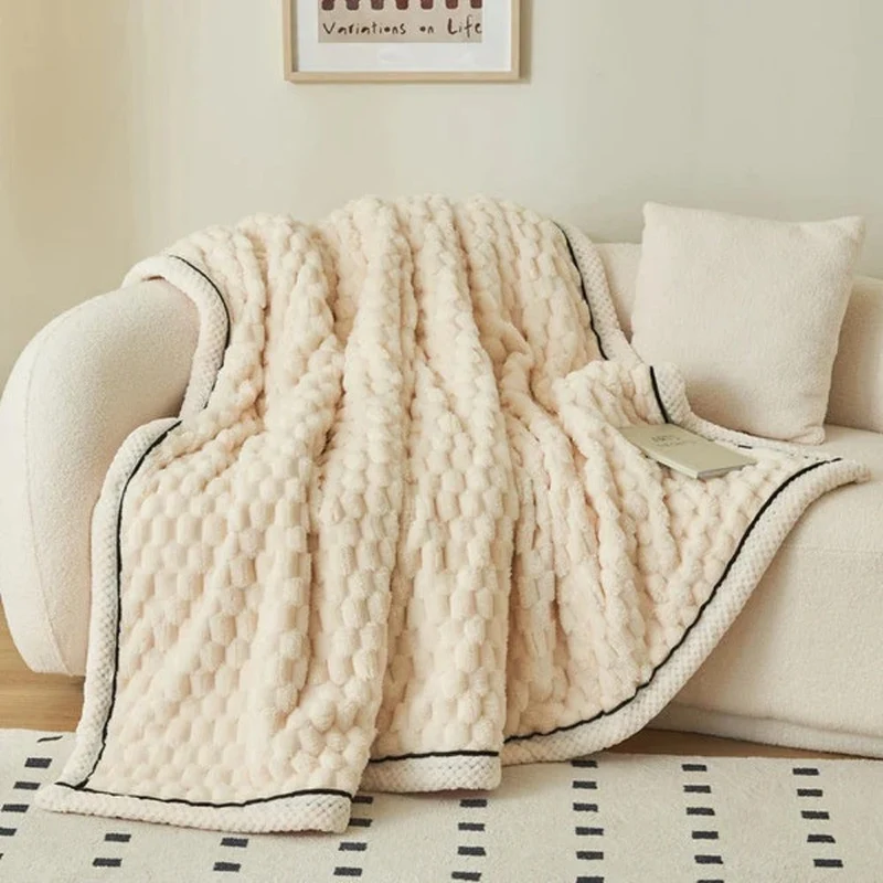 Deken Sherpa Fleece Beige Bubbeldesign Bank Slaapkamer Plaid Zacht Warm Woondeken Knuffeldeken Interieur | Sansoti