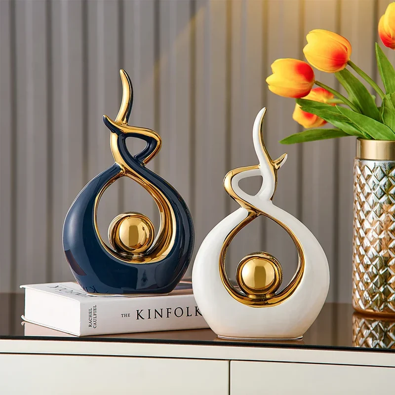 Decoratieve Sculptuur Keramiek Goud Groen Abstract 31cm Woonkamer Tafel Beeld Modern Kunstobject Interieur Decoratie | Sansoti