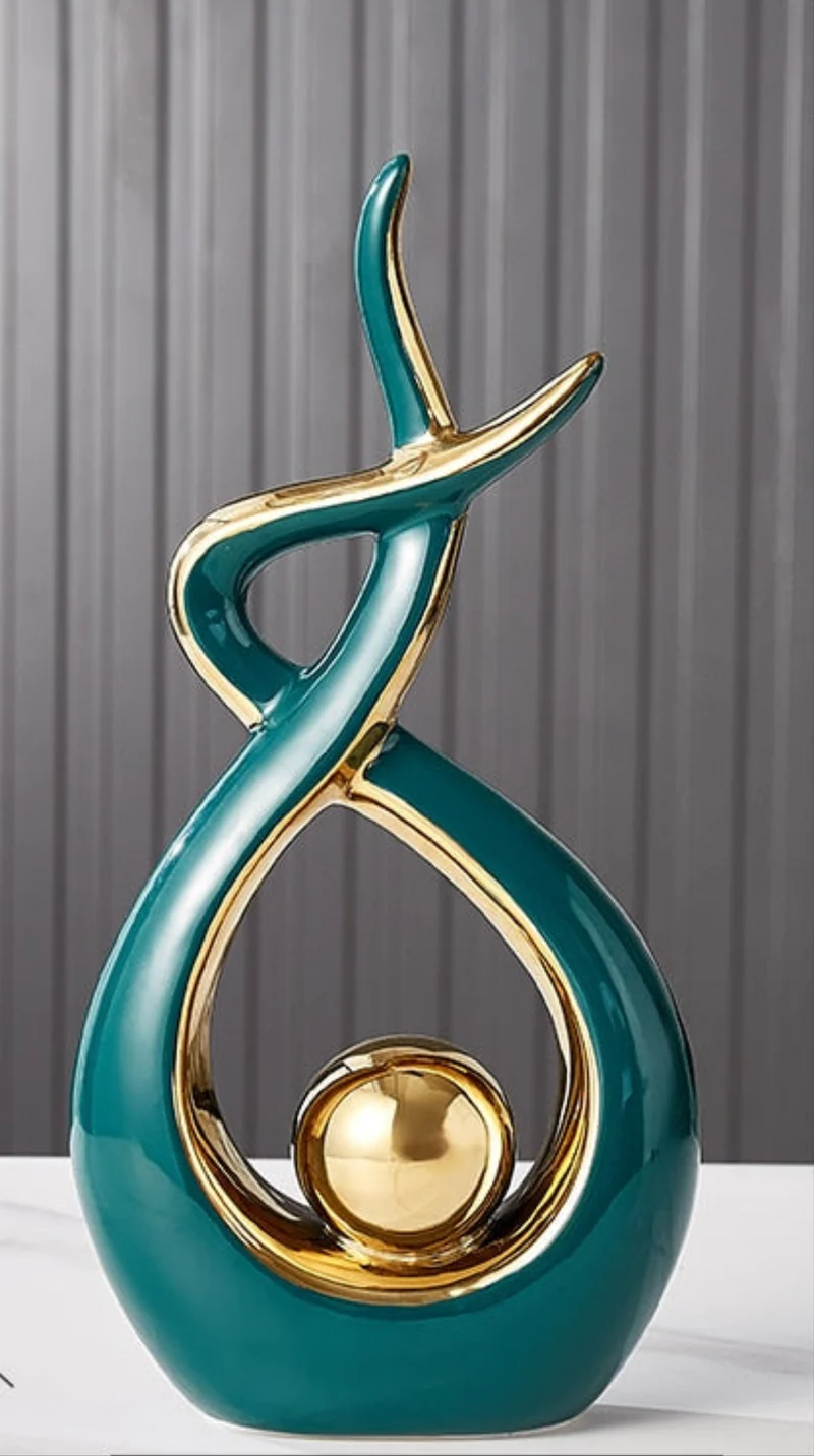 Decoratieve Sculptuur Keramiek Goud Groen Abstract 31cm Woonkamer Tafel Beeld Modern Kunstobject Interieur Decoratie | Sansoti