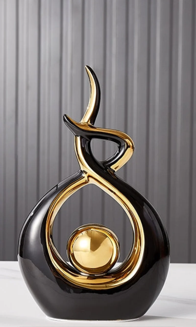 Decoratieve Sculptuur Keramiek Goud Groen Abstract 31cm Woonkamer Tafel Beeld Modern Kunstobject Interieur Decoratie | Sansoti