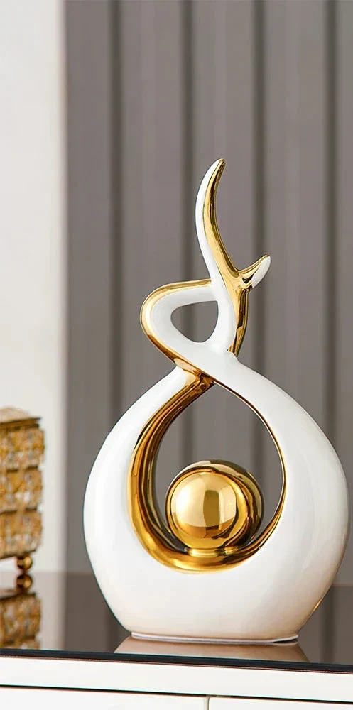 Decoratieve Sculptuur Keramiek Goud Groen Abstract 31cm Woonkamer Tafel Beeld Modern Kunstobject Interieur Decoratie | Sansoti