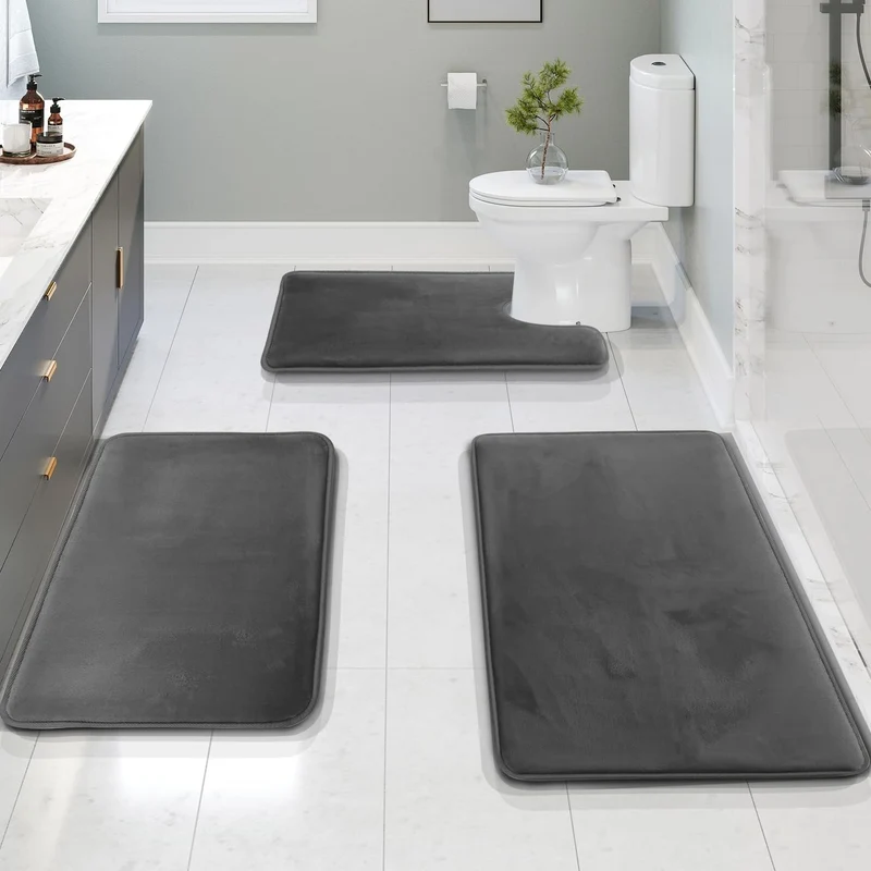 Badmat Set 3 Stuks Memory Foam Fluweel Grijs Antislip Badkamer Douche Toilet Matten Absorberend Zacht Wasbaar | Sansoti