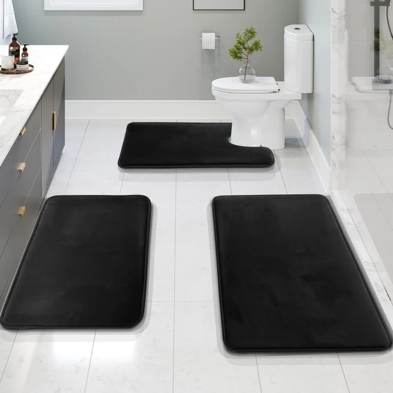 Badmat Set 3 Stuks Memory Foam Fluweel Grijs Antislip Badkamer Douche Toilet Matten Absorberend Zacht Wasbaar | Sansoti