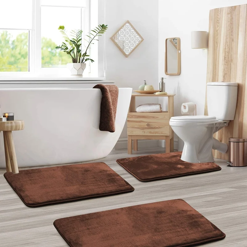 Badmat Set 3 Stuks Memory Foam Fluweel Grijs Antislip Badkamer Douche Toilet Matten Absorberend Zacht Wasbaar | Sansoti
