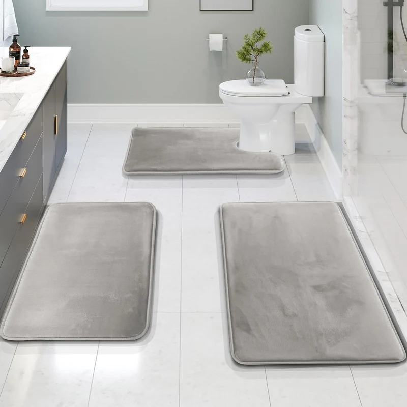 Badmat Set 3 Stuks Memory Foam Fluweel Grijs Antislip Badkamer Douche Toilet Matten Absorberend Zacht Wasbaar | Sansoti