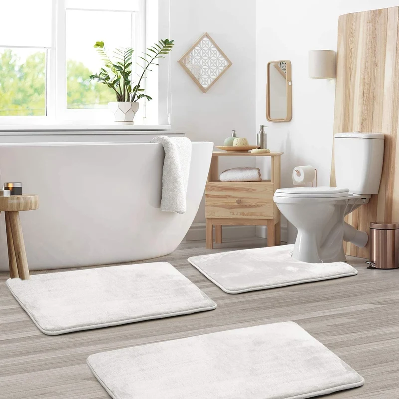 Badmat Set 3 Stuks Memory Foam Fluweel Grijs Antislip Badkamer Douche Toilet Matten Absorberend Zacht Wasbaar | Sansoti