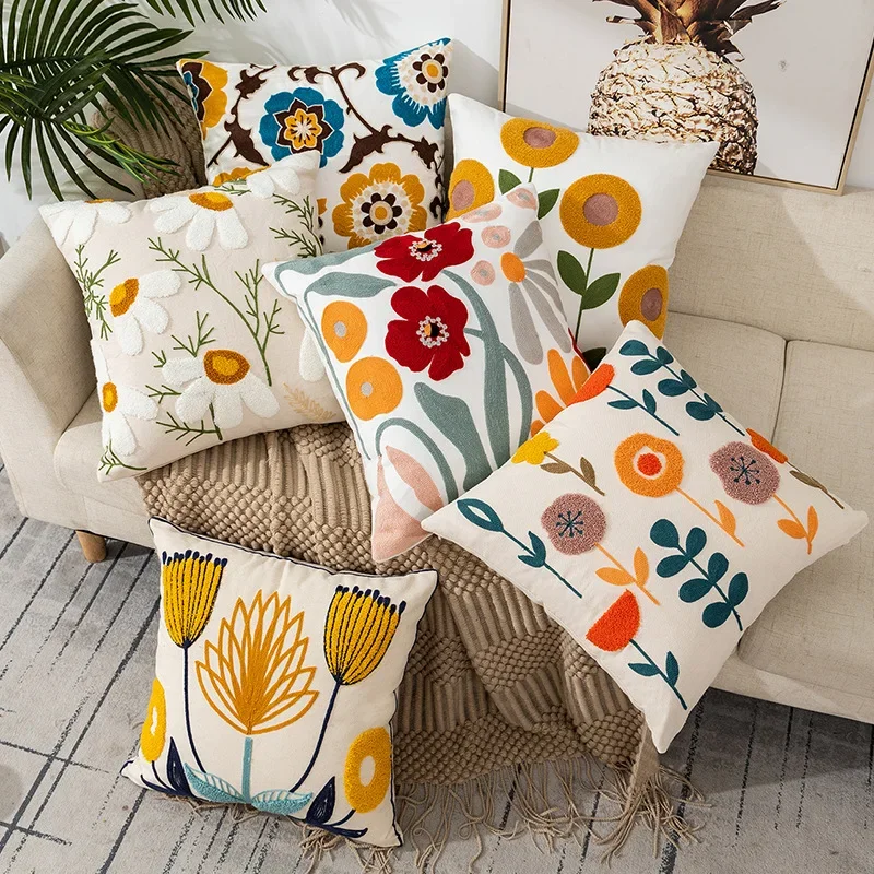 Kussenhoes 45x45cm Katoen Canvas Geborduurd Bloemen Wit Sierkussenhoes Bank Slaapkamer Landelijke Stijl Decoratief | Sansoti