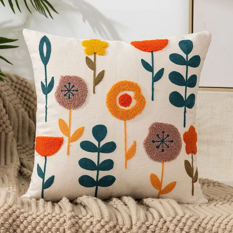 Kussenhoes 45x45cm Katoen Canvas Geborduurd Bloemen Wit Sierkussenhoes Bank Slaapkamer Landelijke Stijl Decoratief | Sansoti