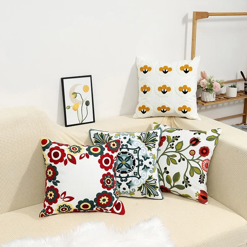 Kussenhoes 45x45cm Katoen Canvas Geborduurd Bloemen Wit Sierkussenhoes Bank Slaapkamer Landelijke Stijl Decoratief | Sansoti