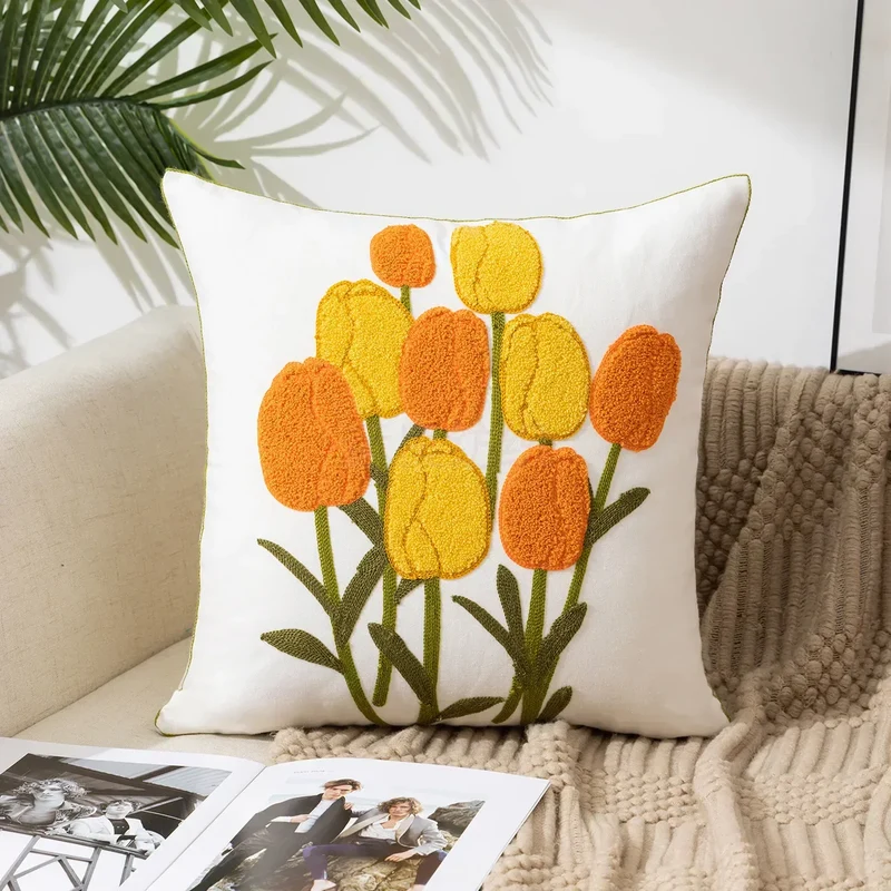 Kussenhoes 45x45cm Katoen Canvas Geborduurd Bloemen Wit Sierkussenhoes Bank Slaapkamer Landelijke Stijl Decoratief | Sansoti