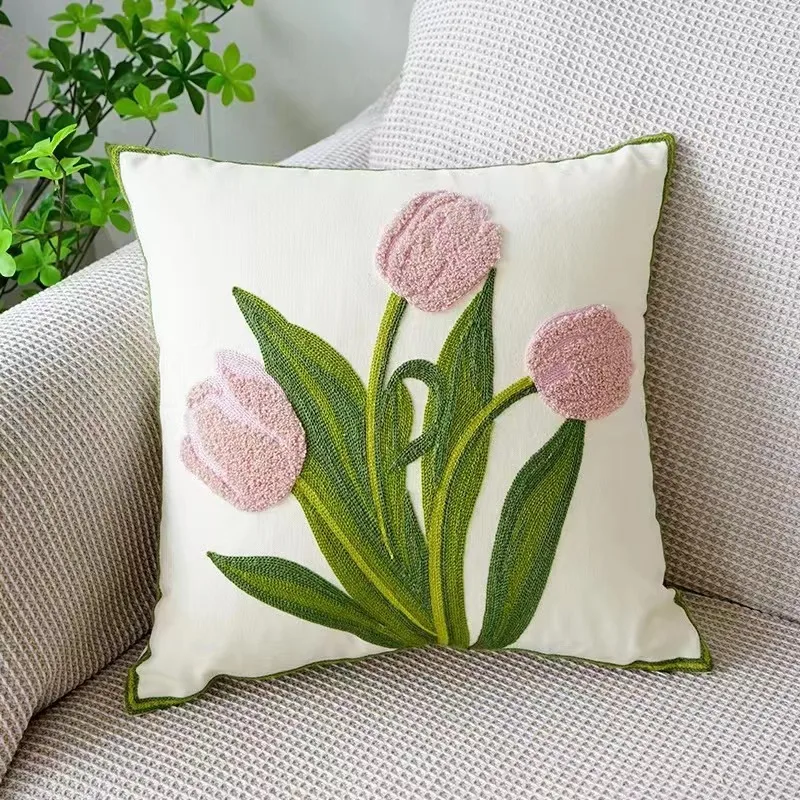 Kussenhoes 45x45cm Katoen Canvas Geborduurd Bloemen Wit Sierkussenhoes Bank Slaapkamer Landelijke Stijl Decoratief | Sansoti