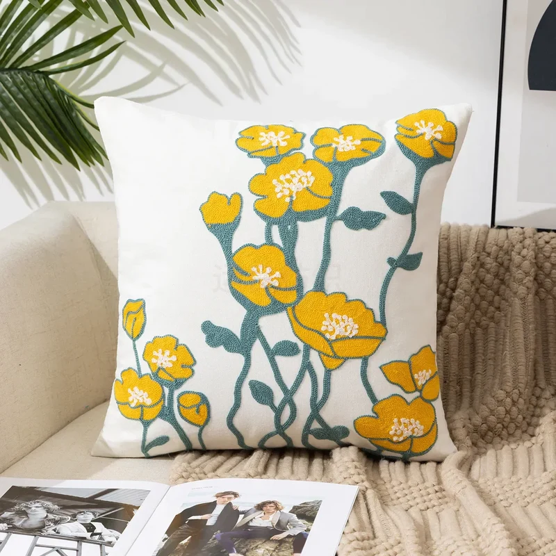 Kussenhoes 45x45cm Katoen Canvas Geborduurd Bloemen Wit Sierkussenhoes Bank Slaapkamer Landelijke Stijl Decoratief | Sansoti