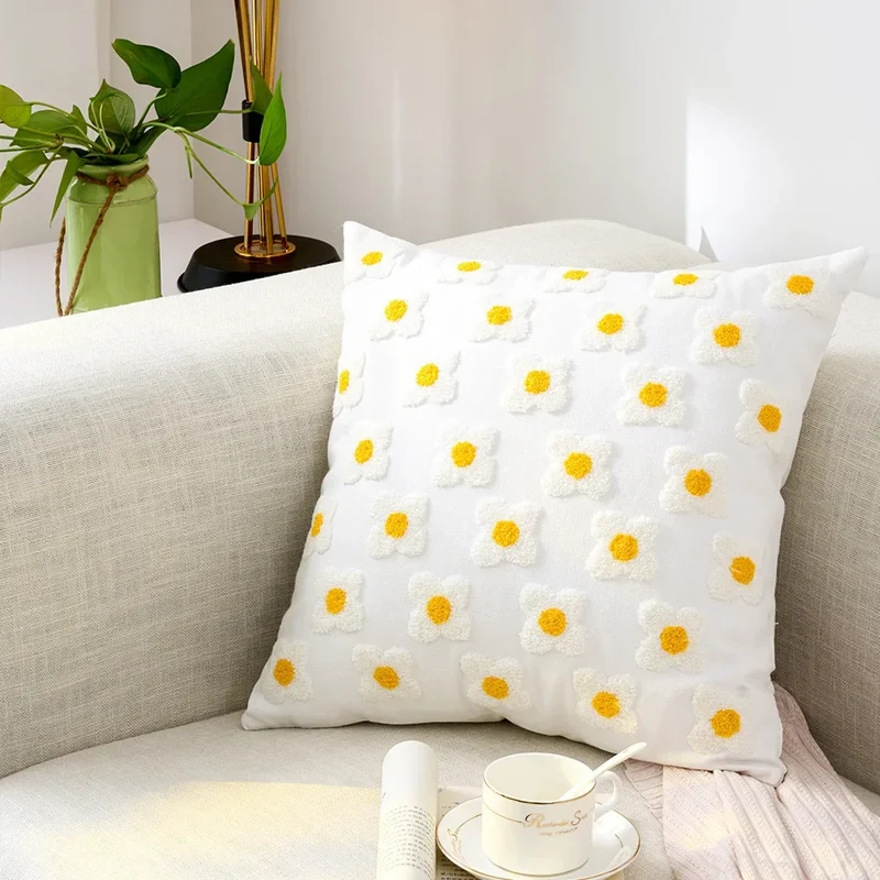 Kussenhoes 45x45cm Katoen Canvas Geborduurd Bloemen Wit Sierkussenhoes Bank Slaapkamer Landelijke Stijl Decoratief | Sansoti