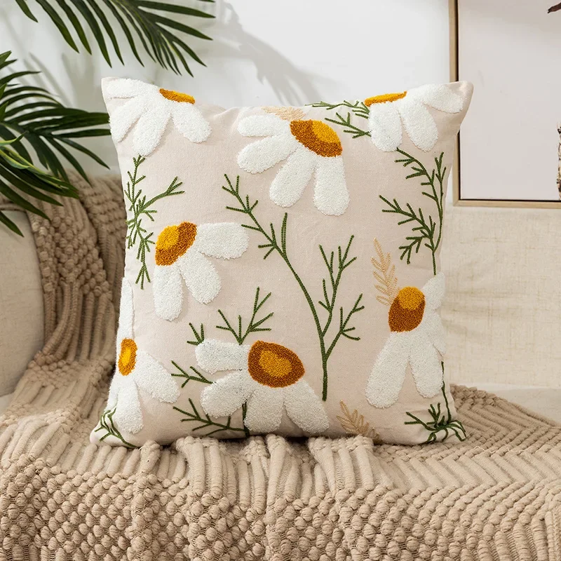 Kussenhoes 45x45cm Katoen Canvas Geborduurd Bloemen Wit Sierkussenhoes Bank Slaapkamer Landelijke Stijl Decoratief | Sansoti