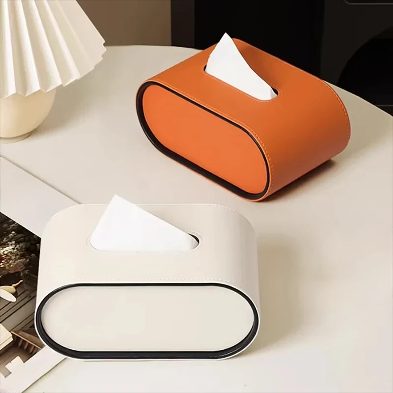 Tissuebox Leer Ovaal 22cm Oranje Bureau Woonkamer Tissuehouder Luxe Tissuedoos Decoratief Modern Interieur | Sansoti