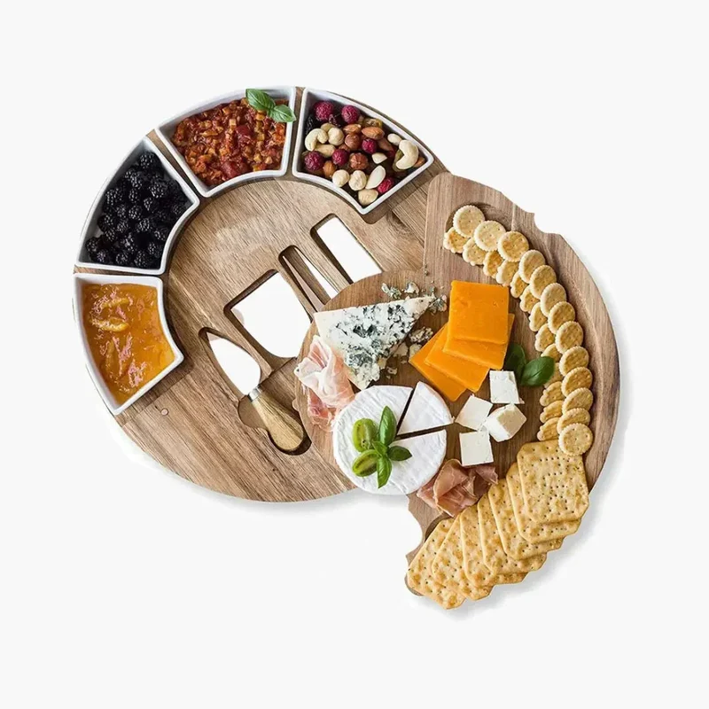 Kaasplank Set Acacia Hout 33cm Rond met Keramische Kommen en Messen Charcuterie Borrelplank Serveerplank | Sansoti