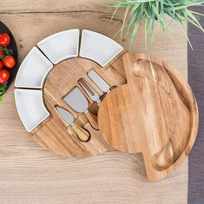 Kaasplank Set Acacia Hout 33cm Rond met Keramische Kommen en Messen Charcuterie Borrelplank Serveerplank | Sansoti
