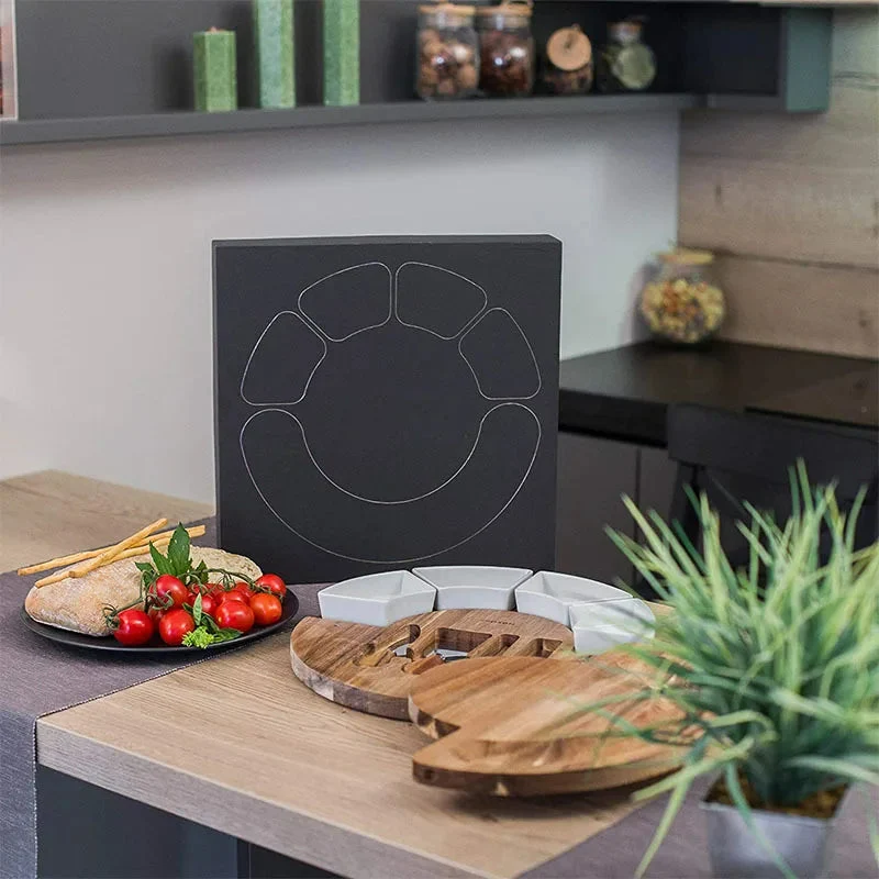 Kaasplank Set Acacia Hout 33cm Rond met Keramische Kommen en Messen Charcuterie Borrelplank Serveerplank | Sansoti