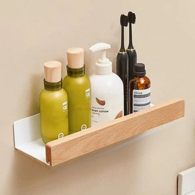 Wandrek Hout Badkamer Boorvrij Zelfklevend Houten Wandplank Keuken Badkamer Opbergplank Muurrek Organizer | Sansoti