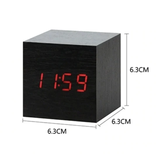 Wekker LED Kubus Houtlook 6x6x6 cm Zwart Nachtkastje Bureau Digitale Klok Met Temperatuur Snooze Geluidsactivatie | Sansoti