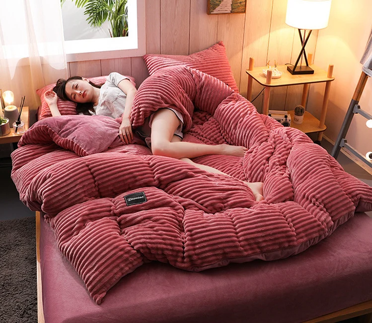 Fleece Dekbedovertrek Hoogwaardig Fleece Groen Ribpatroon Bed Slaapkamer Winter Warm Dekbedovertrekset Zacht Beddengoed | Sansoti