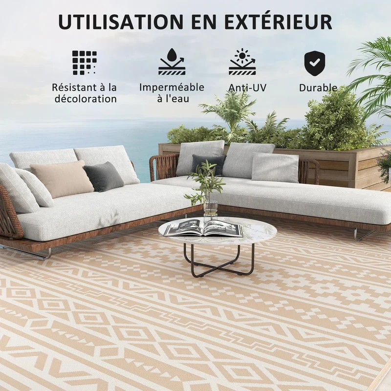 Buitenkleed Omkeerbaar 365x274cm Beige Polypropyleen Tuinkleed Camping Picknick Terras Vloermat Opvouwbaar Transporttas | Sansoti