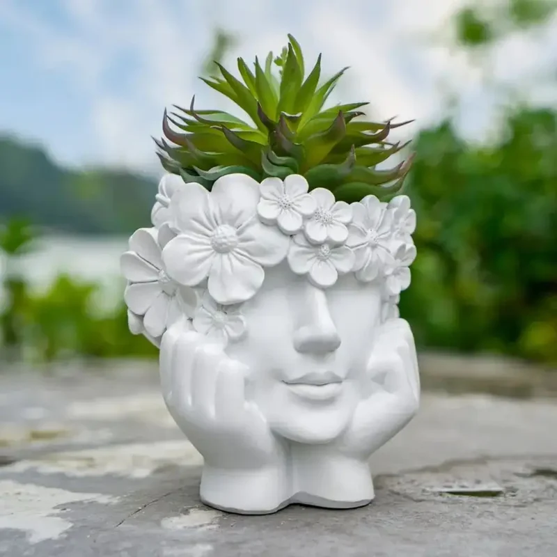 Bloempot Vrouwengezicht Hars Wit 15cm Decoratief Sculptuur Woonkamer Tuin Binnen Buiten Plantenpot Gezicht | Sansoti