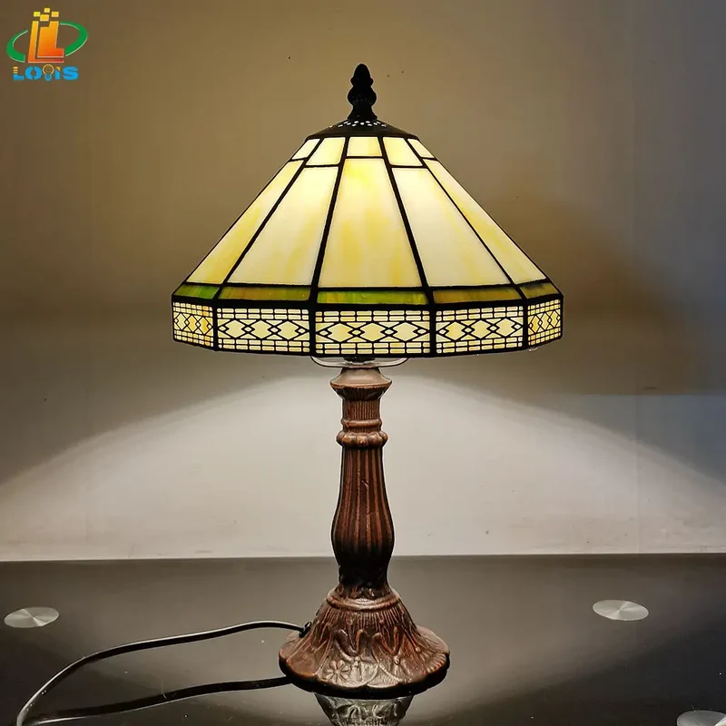 Tiffany Tafellamp Gebrandschilderd Glas 22cm Groen Geometrisch Woonkamer Bureau Slaapkamer Vintage Nachtlamp Nachtkastlamp Sfeerlamp E27 | Sansoti