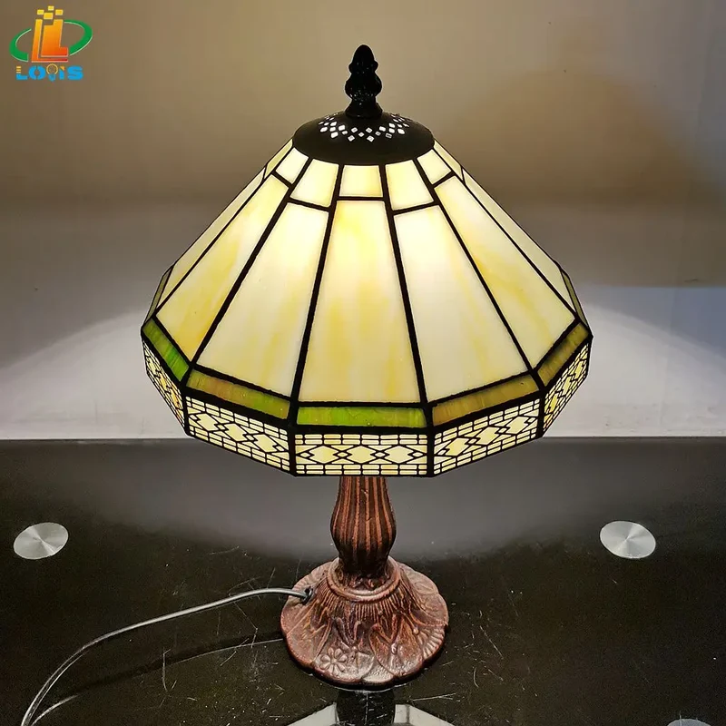 Tiffany Tafellamp Gebrandschilderd Glas 22cm Groen Geometrisch Woonkamer Bureau Slaapkamer Vintage Nachtlamp Nachtkastlamp Sfeerlamp E27 | Sansoti