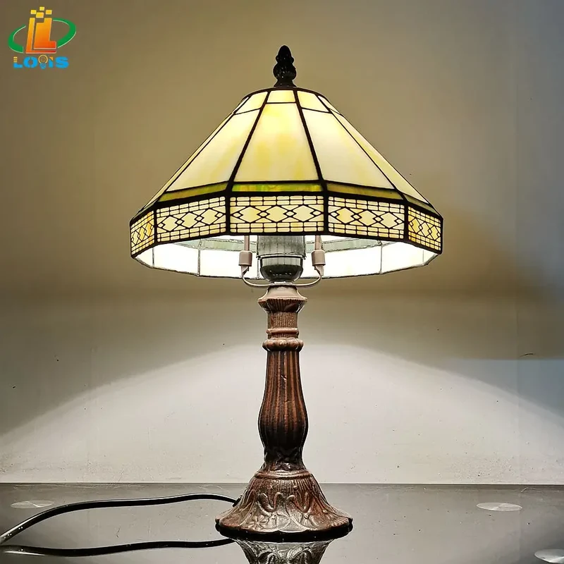 Tiffany Tafellamp Gebrandschilderd Glas 22cm Groen Geometrisch Woonkamer Bureau Slaapkamer Vintage Nachtlamp Nachtkastlamp Sfeerlamp E27 | Sansoti