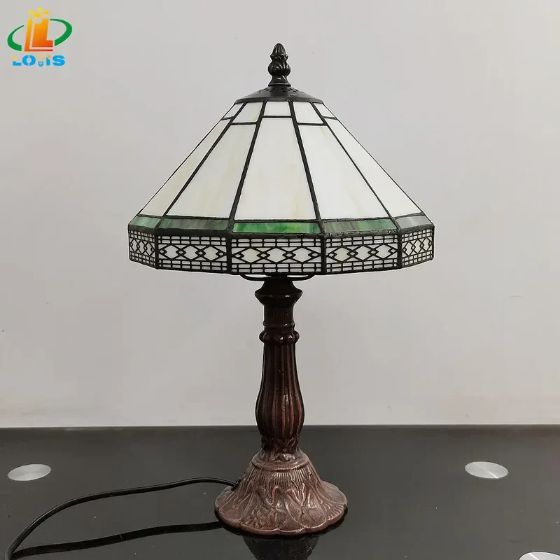 Tiffany Tafellamp Gebrandschilderd Glas 22cm Groen Geometrisch Woonkamer Bureau Slaapkamer Vintage Nachtlamp Nachtkastlamp Sfeerlamp E27 | Sansoti