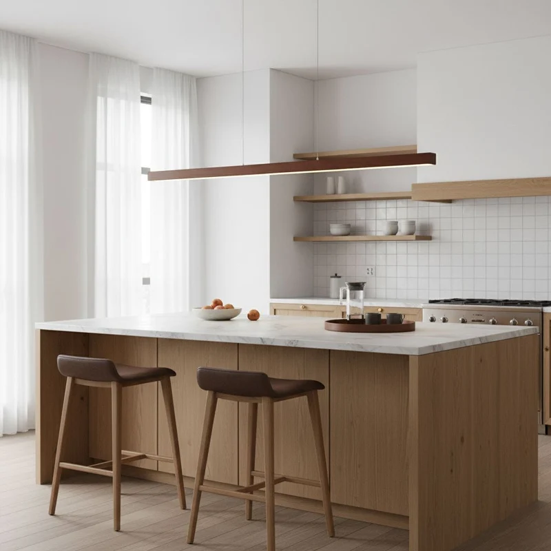 LED Hanglamp Hout Lineair Warm Licht Eettafel Kookeiland Minimalistisch Japandi Design Verstelbaar Snoer Balklamp | Sansoti