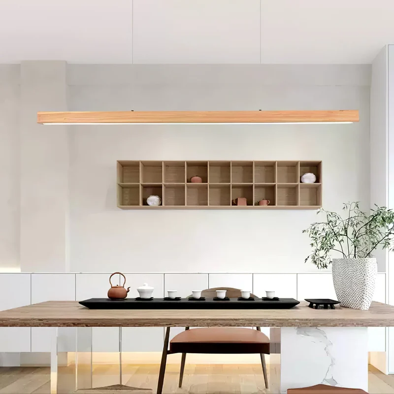 LED Hanglamp Hout Lineair Warm Licht Eettafel Kookeiland Minimalistisch Japandi Design Verstelbaar Snoer Balklamp | Sansoti