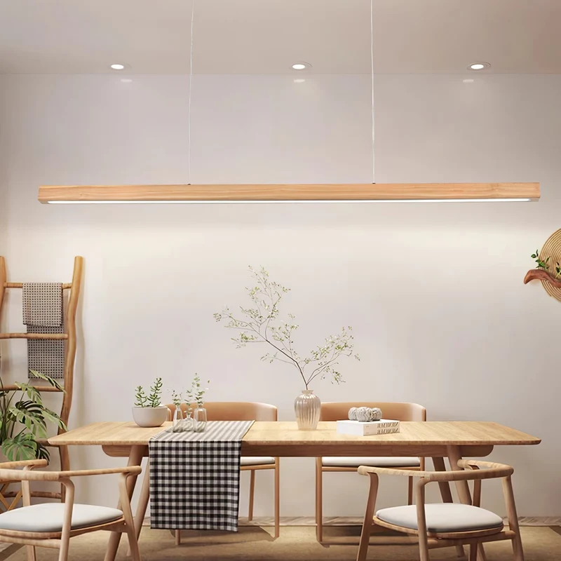 LED Hanglamp Hout Lineair Warm Licht Eettafel Kookeiland Minimalistisch Japandi Design Verstelbaar Snoer Balklamp | Sansoti