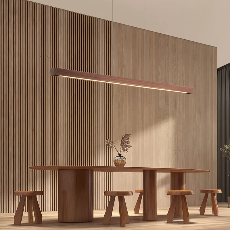LED Hanglamp Hout Lineair Warm Licht Eettafel Kookeiland Minimalistisch Japandi Design Verstelbaar Snoer Balklamp | Sansoti