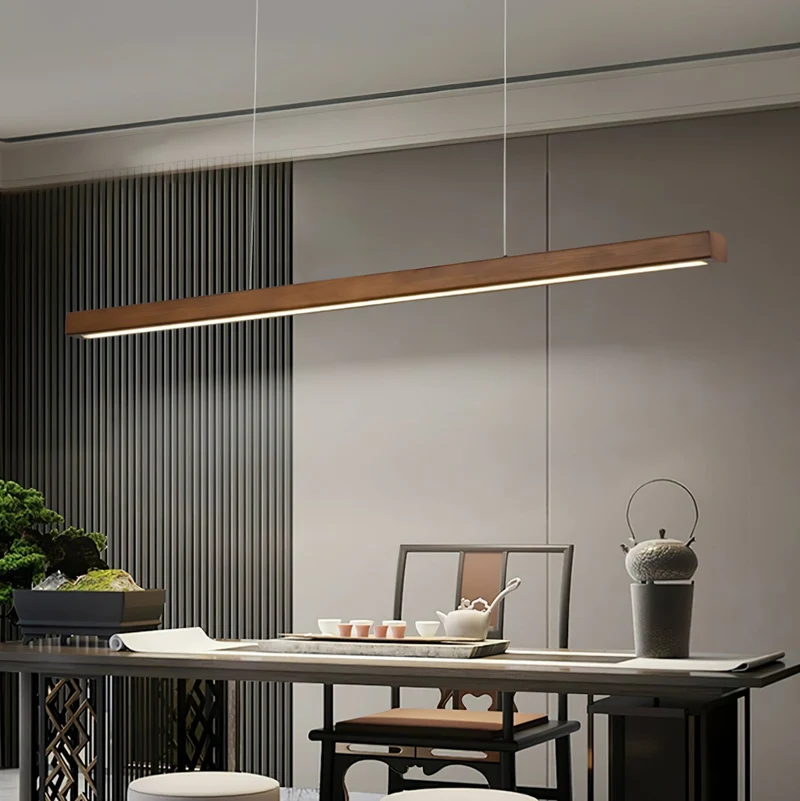 LED Hanglamp Hout Lineair Warm Licht Eettafel Kookeiland Minimalistisch Japandi Design Verstelbaar Snoer Balklamp | Sansoti