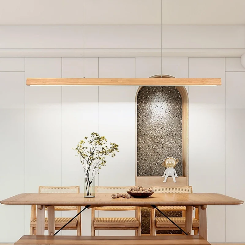 LED Hanglamp Hout Lineair Warm Licht Eettafel Kookeiland Minimalistisch Japandi Design Verstelbaar Snoer Balklamp | Sansoti