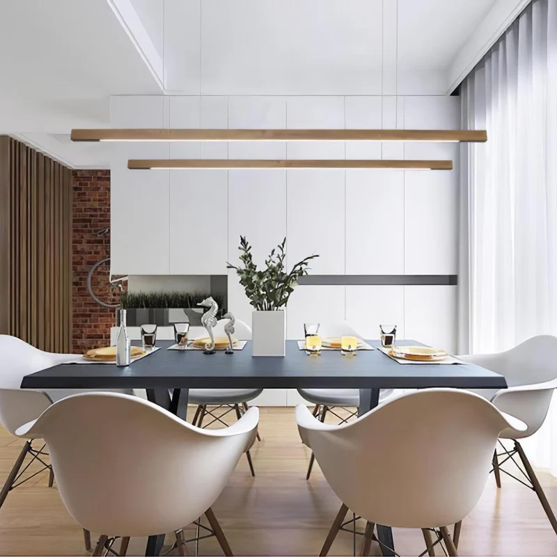 LED Hanglamp Hout Lineair Warm Licht Eettafel Kookeiland Minimalistisch Japandi Design Verstelbaar Snoer Balklamp | Sansoti