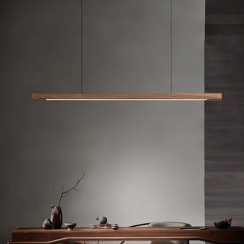 LED Hanglamp Hout Lineair Warm Licht Eettafel Kookeiland Minimalistisch Japandi Design Verstelbaar Snoer Balklamp | Sansoti