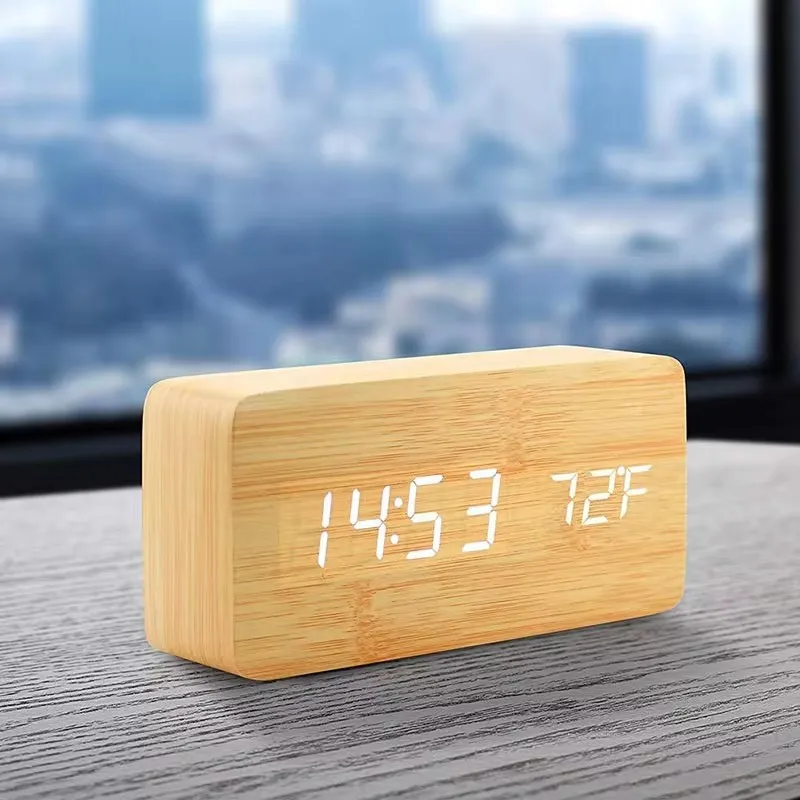 Digitale Wekker Houtlook LED Bamboe Zwart Bruin Temperatuur USB Slaapkamer Bureau 3 Alarmen Instelbare Helderheid 12/24u Tafelklok | Sansoti