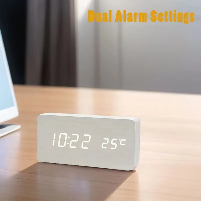 Digitale Wekker Houtlook LED Bamboe Zwart Bruin Temperatuur USB Slaapkamer Bureau 3 Alarmen Instelbare Helderheid 12/24u Tafelklok | Sansoti