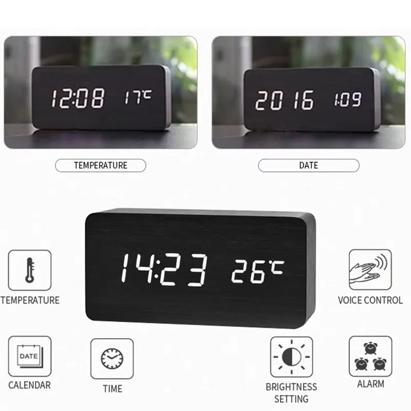 Digitale Wekker Houtlook LED Bamboe Zwart Bruin Temperatuur USB Slaapkamer Bureau 3 Alarmen Instelbare Helderheid 12/24u Tafelklok | Sansoti
