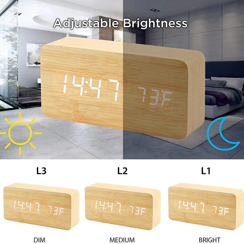 Digitale Wekker Houtlook LED Bamboe Zwart Bruin Temperatuur USB Slaapkamer Bureau 3 Alarmen Instelbare Helderheid 12/24u Tafelklok | Sansoti
