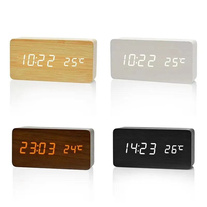 Digitale Wekker Houtlook LED Bamboe Zwart Bruin Temperatuur USB Slaapkamer Bureau 3 Alarmen Instelbare Helderheid 12/24u Tafelklok | Sansoti