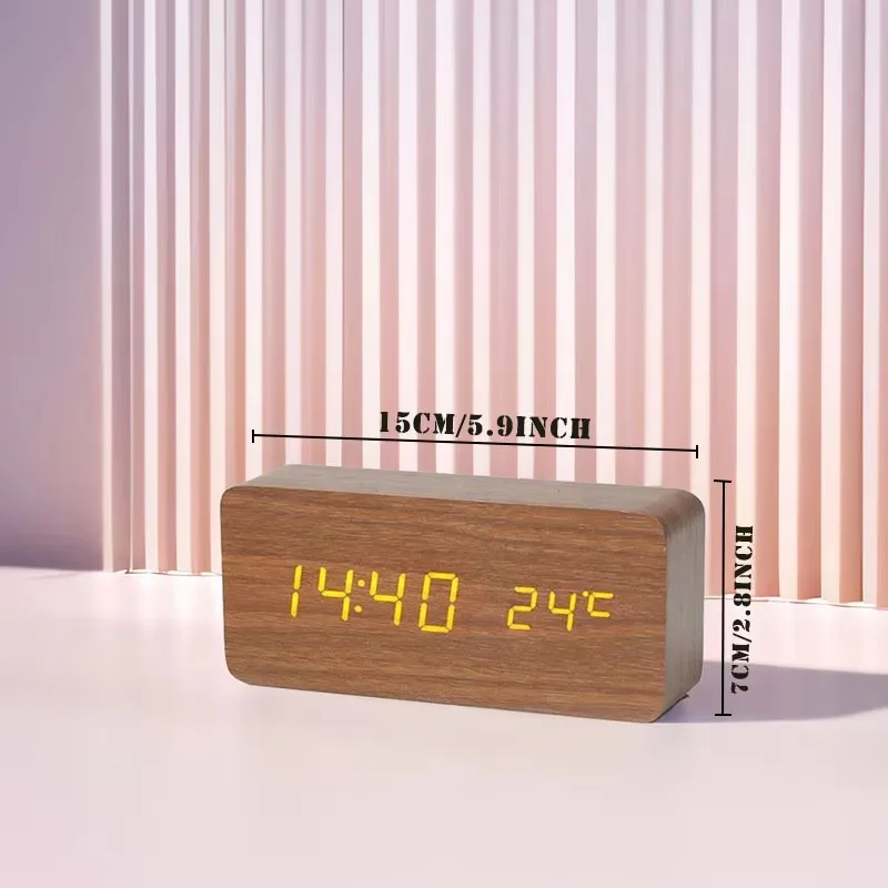 Digitale Wekker Houtlook LED Bamboe Zwart Bruin Temperatuur USB Slaapkamer Bureau 3 Alarmen Instelbare Helderheid 12/24u Tafelklok | Sansoti