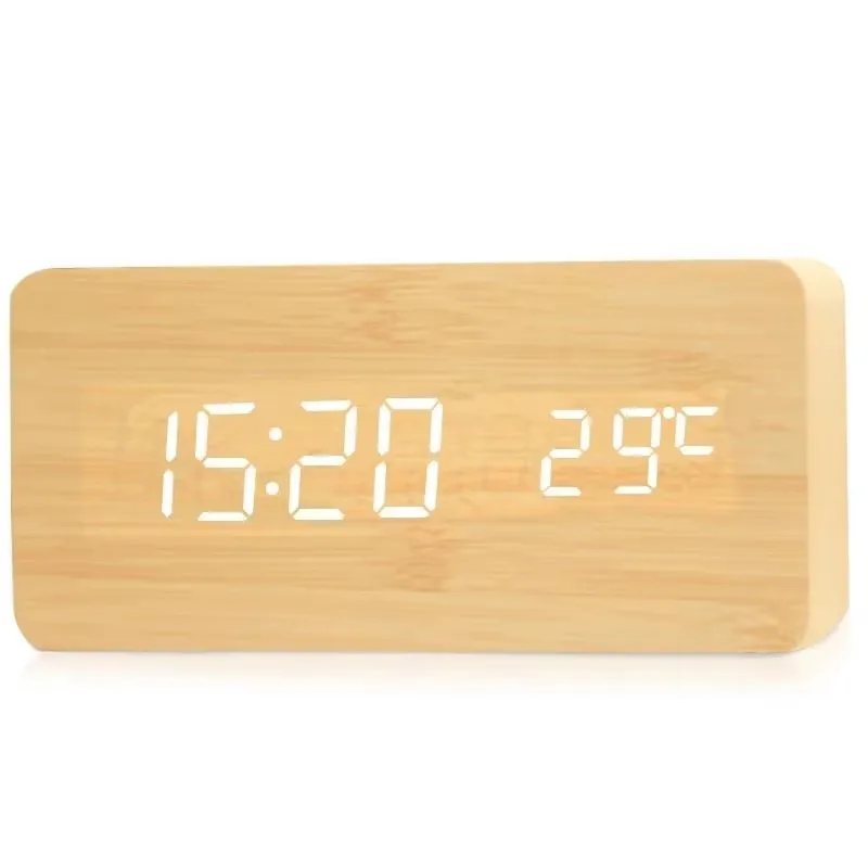 Digitale Wekker Houtlook LED Bamboe Zwart Bruin Temperatuur USB Slaapkamer Bureau 3 Alarmen Instelbare Helderheid 12/24u Tafelklok | Sansoti