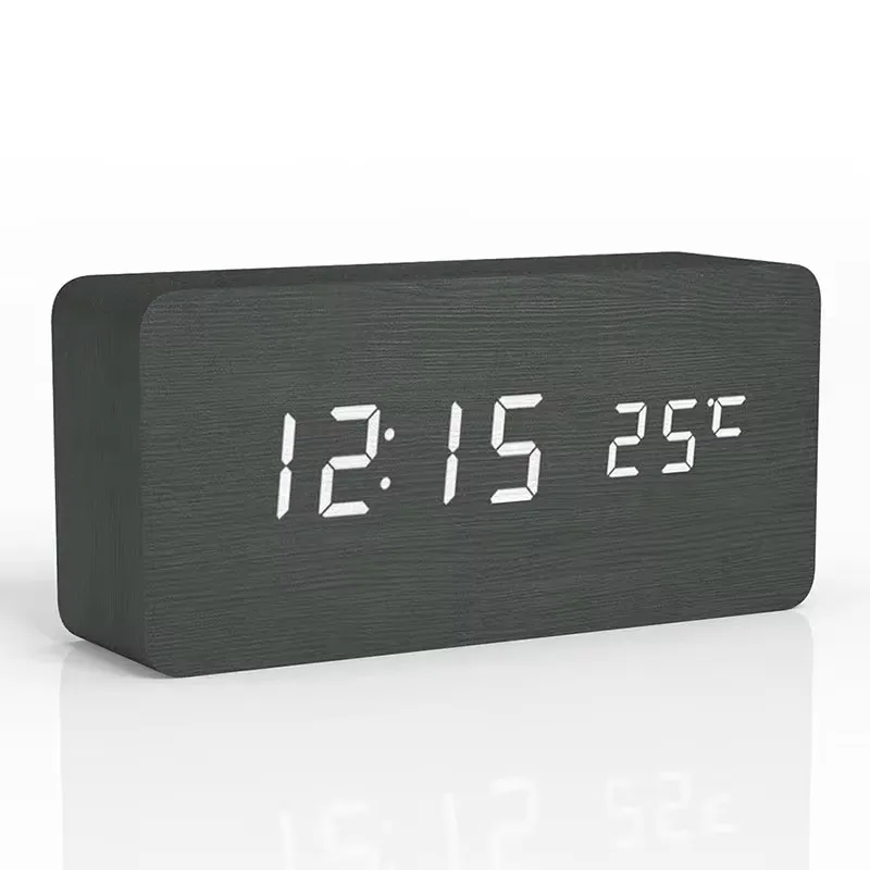 Digitale Wekker Houtlook LED Bamboe Zwart Bruin Temperatuur USB Slaapkamer Bureau 3 Alarmen Instelbare Helderheid 12/24u Tafelklok | Sansoti
