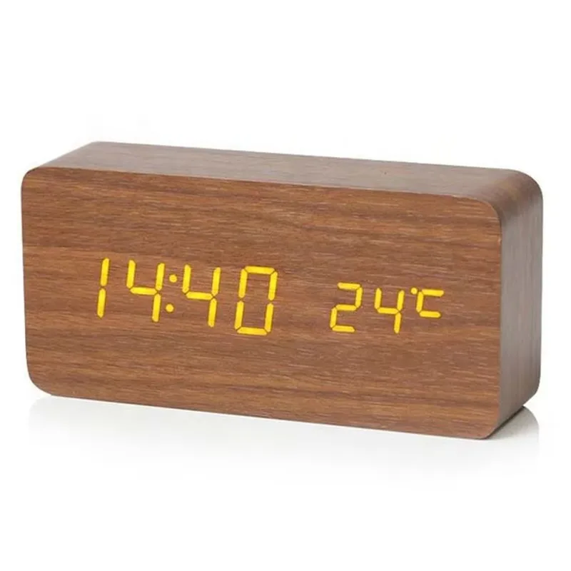 Digitale Wekker Houtlook LED Bamboe Zwart Bruin Temperatuur USB Slaapkamer Bureau 3 Alarmen Instelbare Helderheid 12/24u Tafelklok | Sansoti