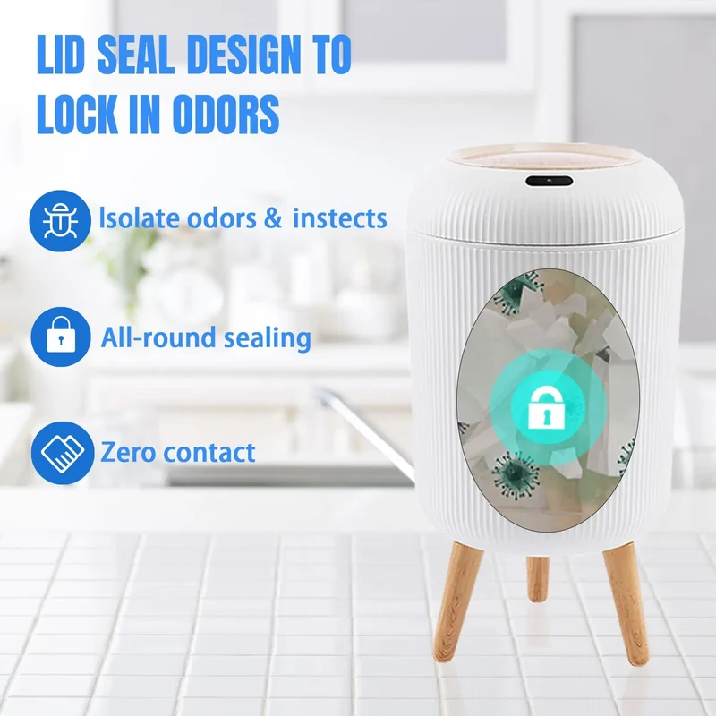 Prullenbak Sensor Automatisch 10L Wit Groen Zwart Houten Poten Woonkamer Badkamer 0,3s Infrarood Deksel Slimme Vuilnisbak Keuken | Sansoti