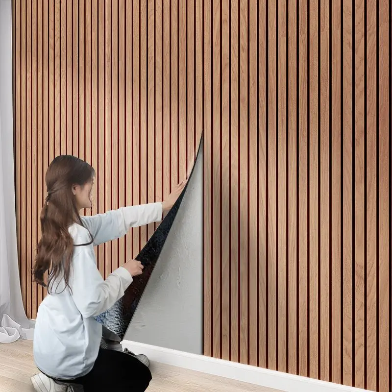 Zelfklevend Wandpaneel 3D Houtlook PVC 40x300cm Woonkamer Slaapkamer Peel and Stick Muursticker Behang Latten Patroon Waterdicht | Sansoti